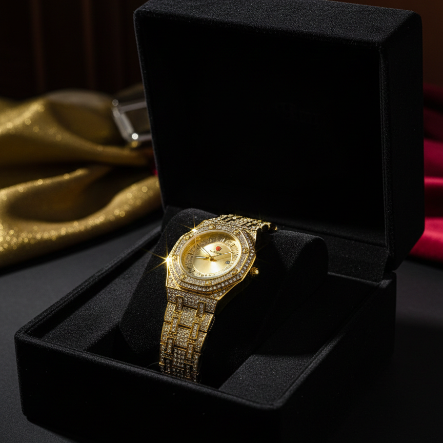 Luxury Gold Diamond-Studded Wrist Watch – Premium Designer Style Quartz Watch for Men