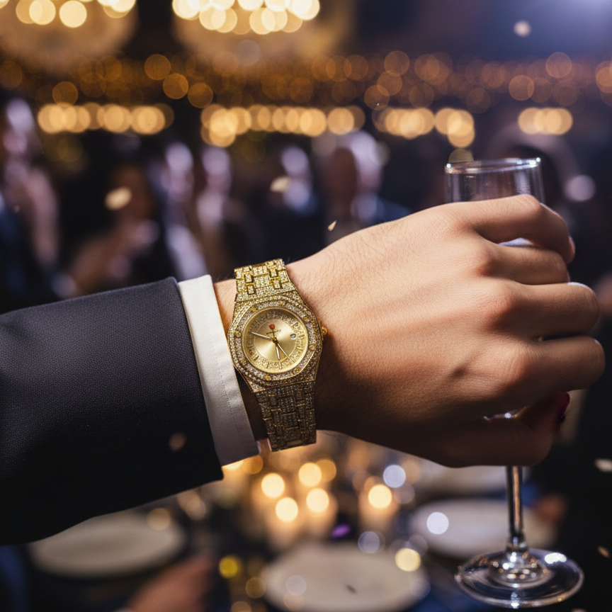 Luxury Gold Diamond-Studded Wrist Watch – Premium Designer Style Quartz Watch for Men